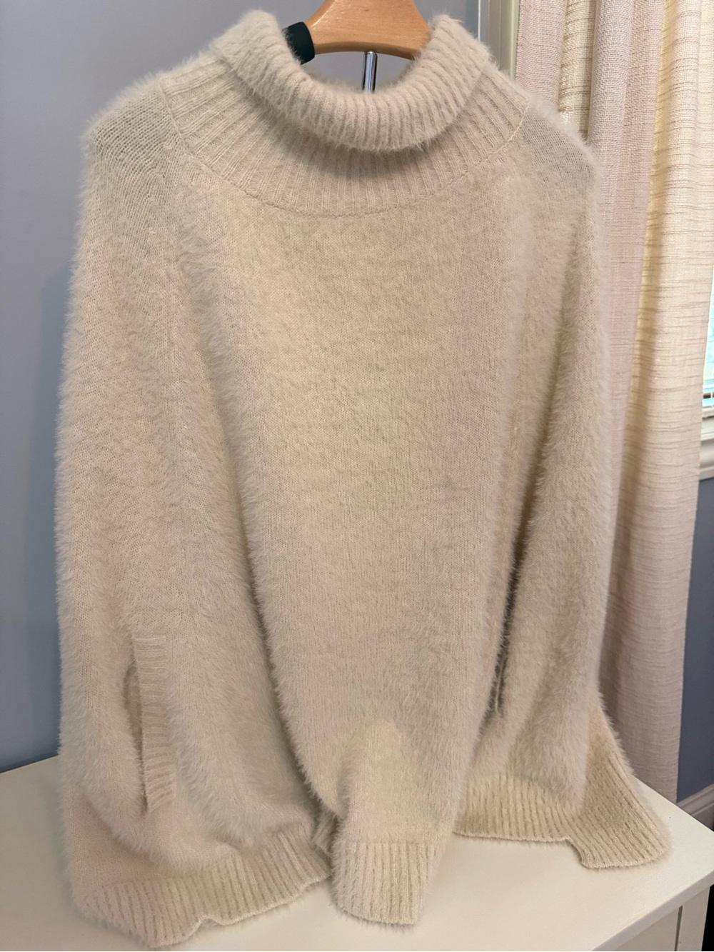 Cream Fuzzy Turtleneck Poncho Sweater